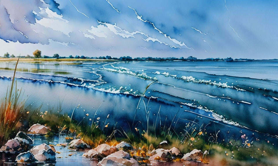 Serene landscape watercolor painting with river and blue skies