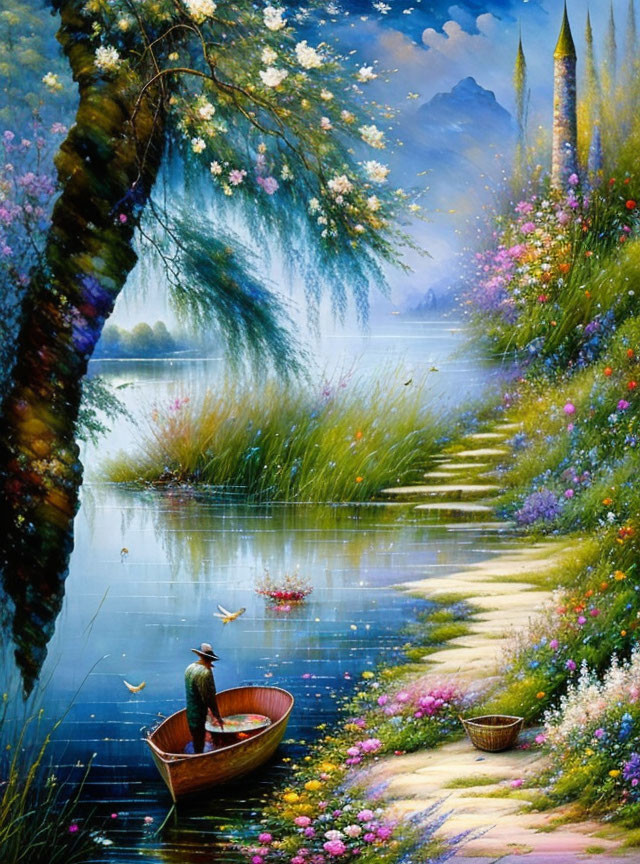 Tranquil painting of fisherman on river with lush surroundings