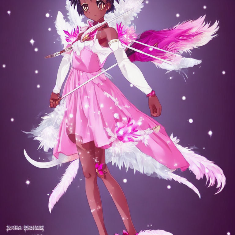 Pink and white anime girl with feathery attire and magical staff in a sparkly setting