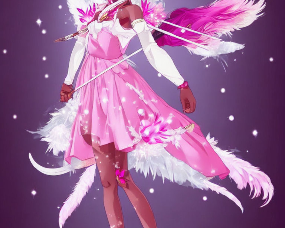 Pink and white anime girl with feathery attire and magical staff in a sparkly setting