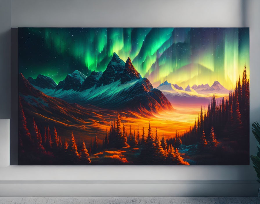 Scenic canvas art: Aurora Borealis, sunset, pine trees on wall