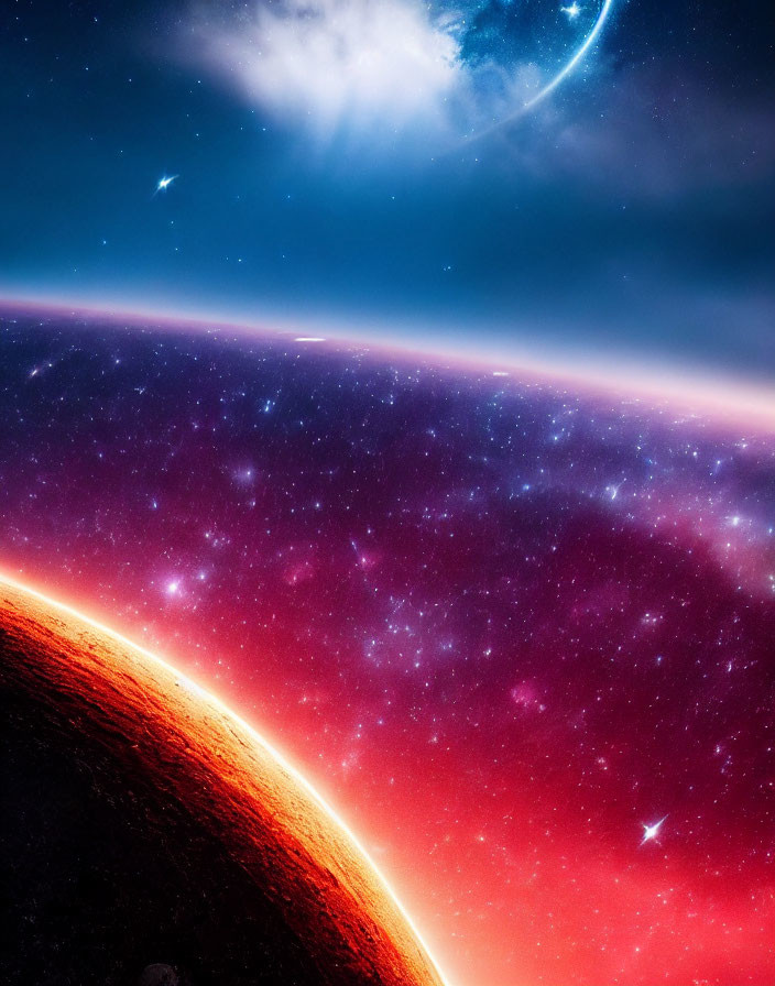 Vibrant cosmic scene: crescent moon, stars, glowing planet horizon