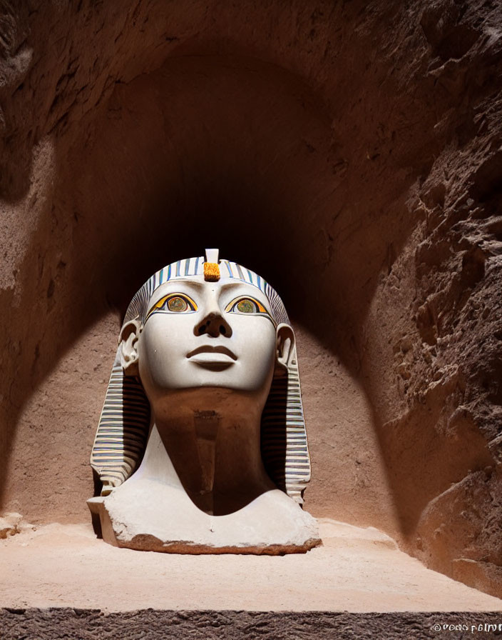 Ancient Egyptian bust with striped headdress in rocky niche