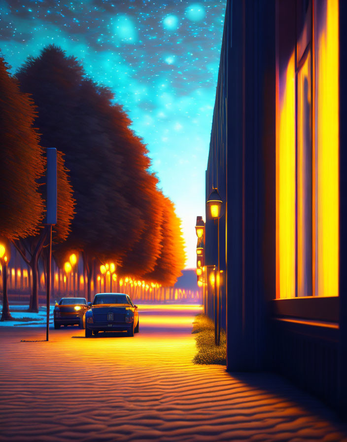 Nighttime cityscape with starry sky, glowing street lamps, classic car, and trees