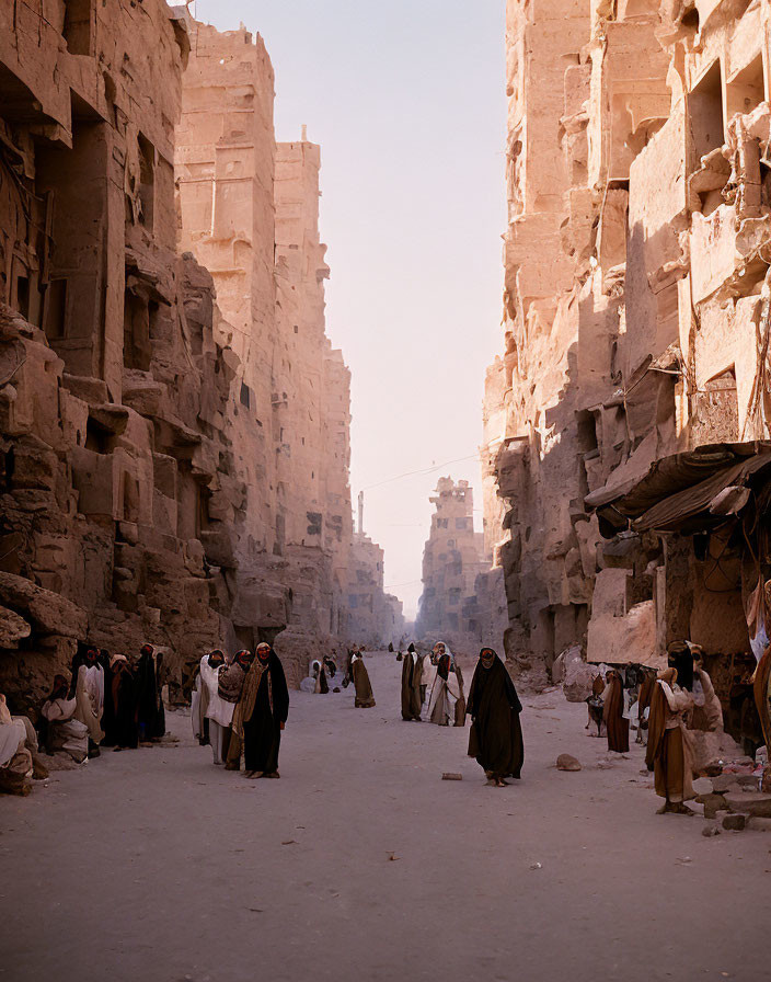 Historical Street with Traditional Buildings and Diverse People