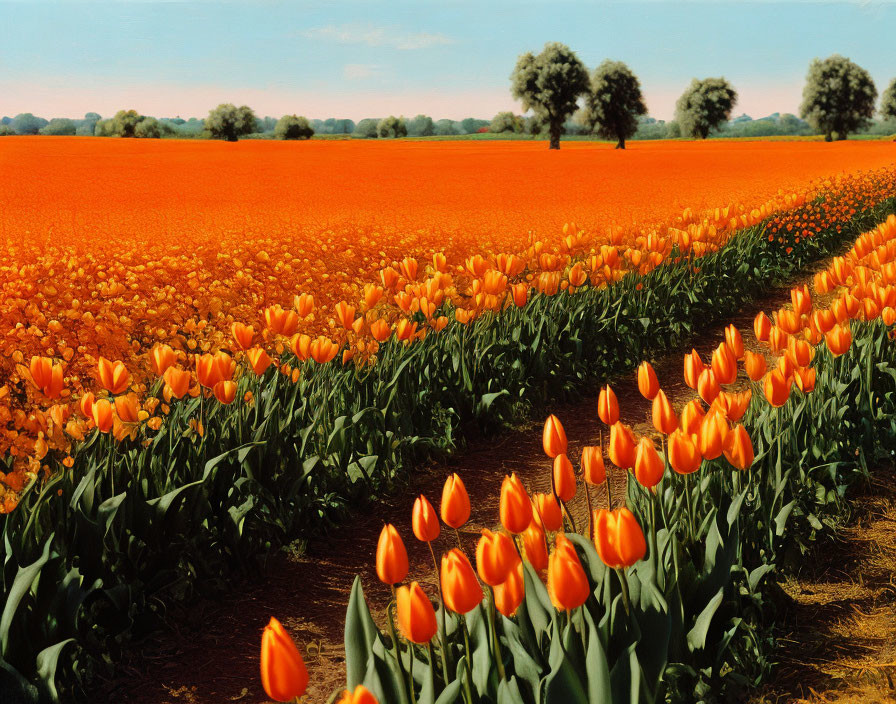 Scenic orange tulip fields with green trees under blue sky