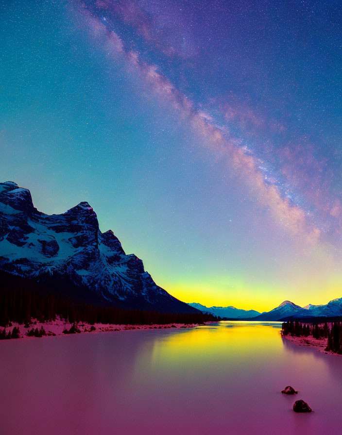 Stunning Milky Way over mountain range and reflective lake at twilight