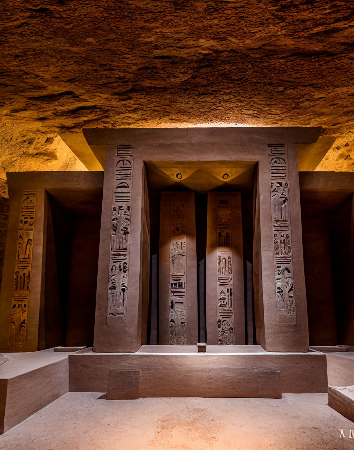 Ancient Egyptian tomb with hieroglyphics in dark cavern