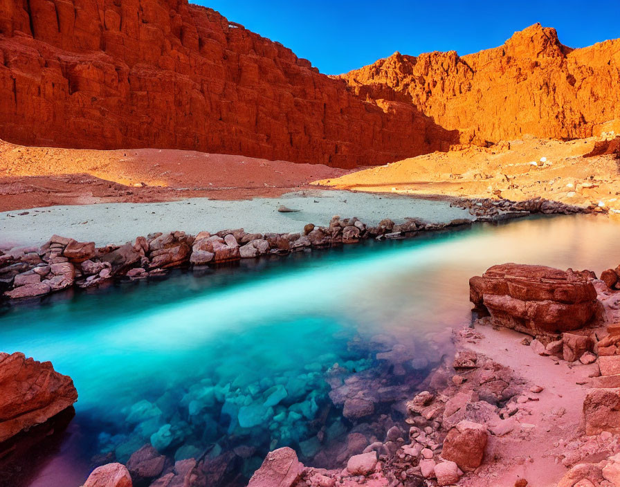 Vivid Blue Stream in Rocky Desert Landscape