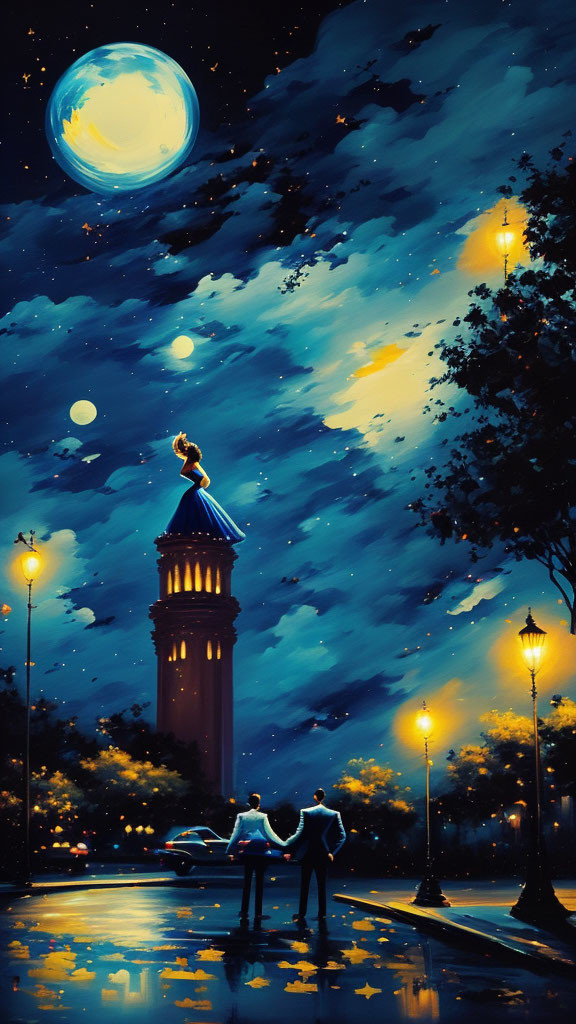 Couple holding hands under starry night sky near lit tower and car