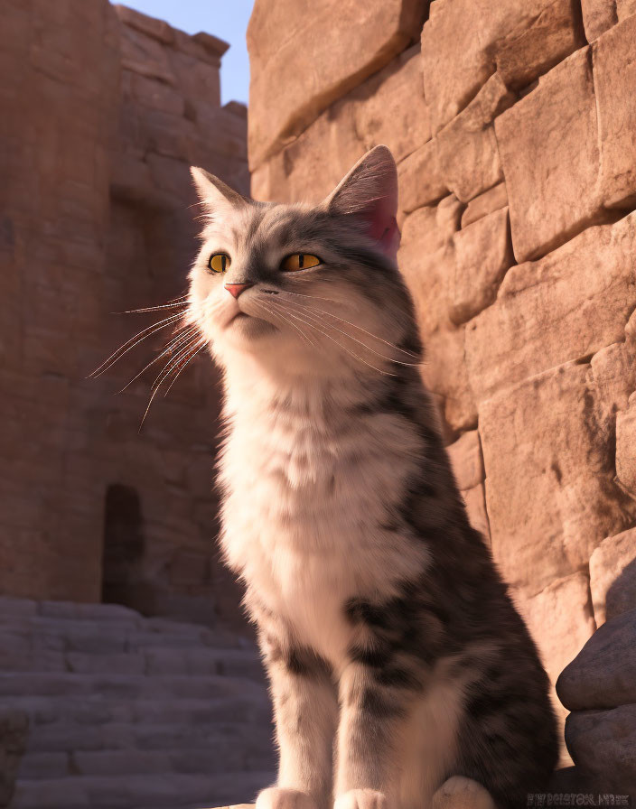 Majestic cat with striking fur patterns in warm sunlight among ancient stone structures