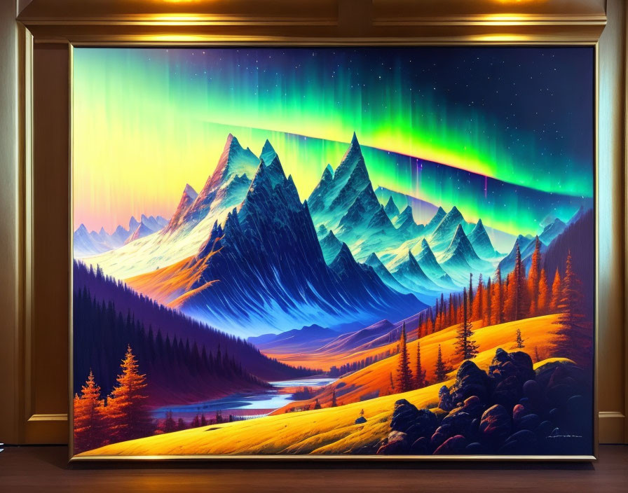 Colorful Mountain Range Painting with Northern Lights, Forest, and River