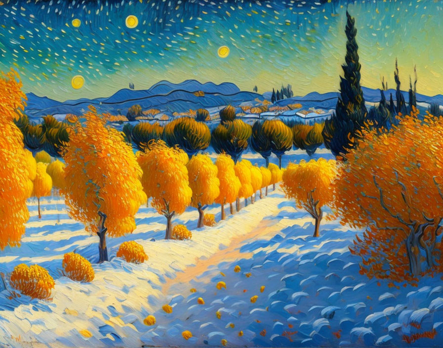 Vivid starry night scene over orange grove, snow-covered ground, and mountain backdrop.