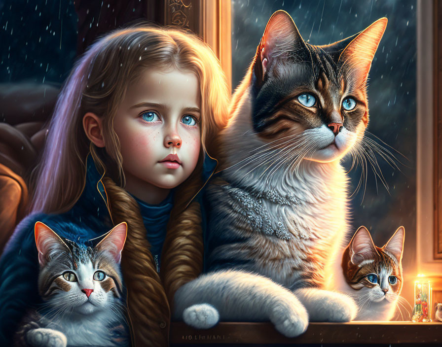 Blonde girl with cat and kittens by window in snowfall