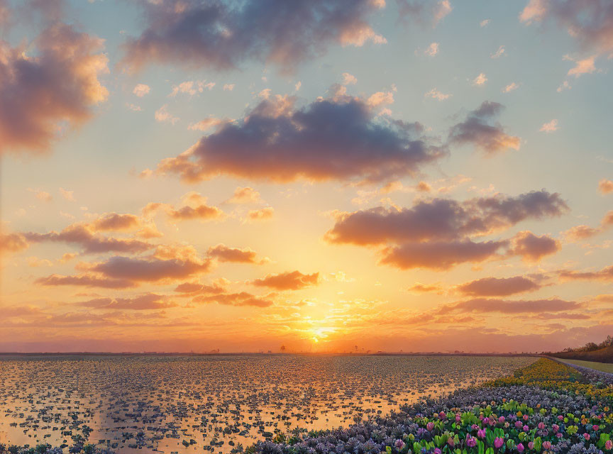 Tranquil lake sunset with colorful tulip field