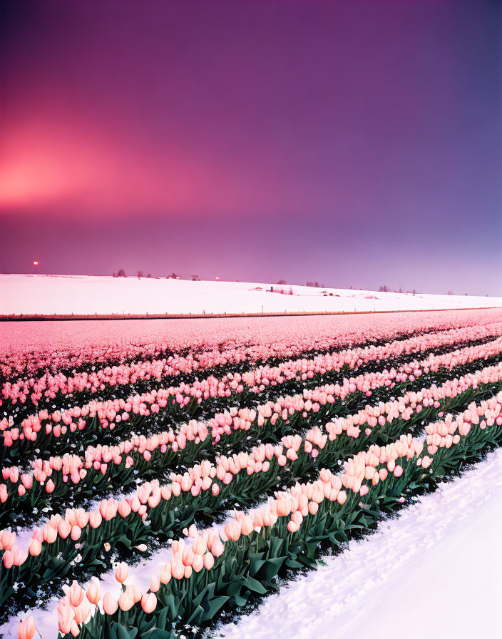 Colorful tulip rows against snowy landscape at twilight