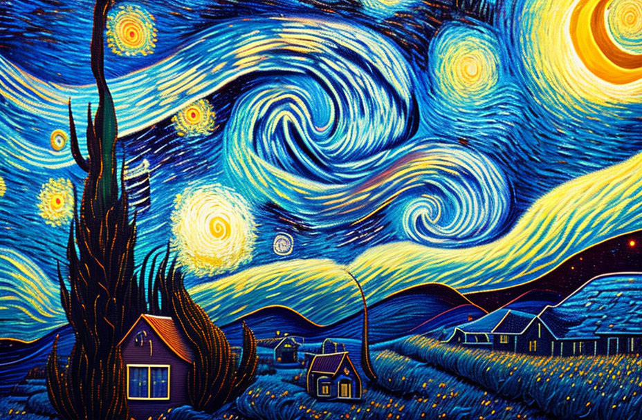 Colorful swirling skies with stars, tree, and houses in Van Gogh style