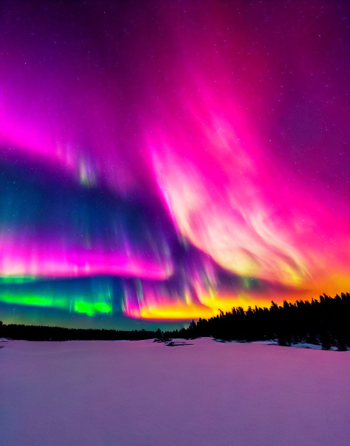 Colorful Aurora Borealis over Snowy Landscape and Starry Sky