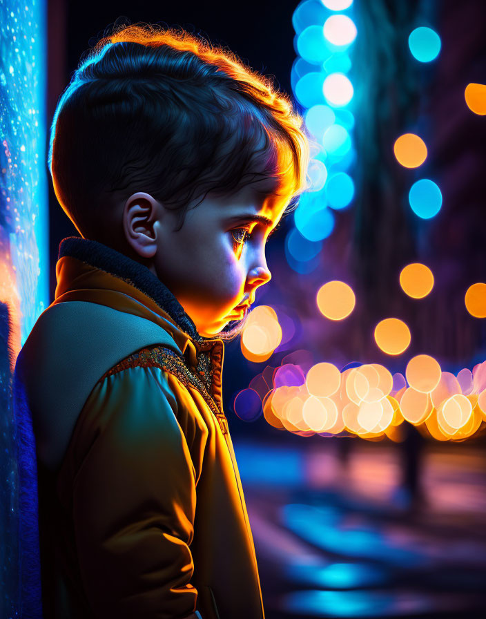 Child in Yellow Jacket Standing Against Blue-Lit Wall with Colorful Bokeh Lights