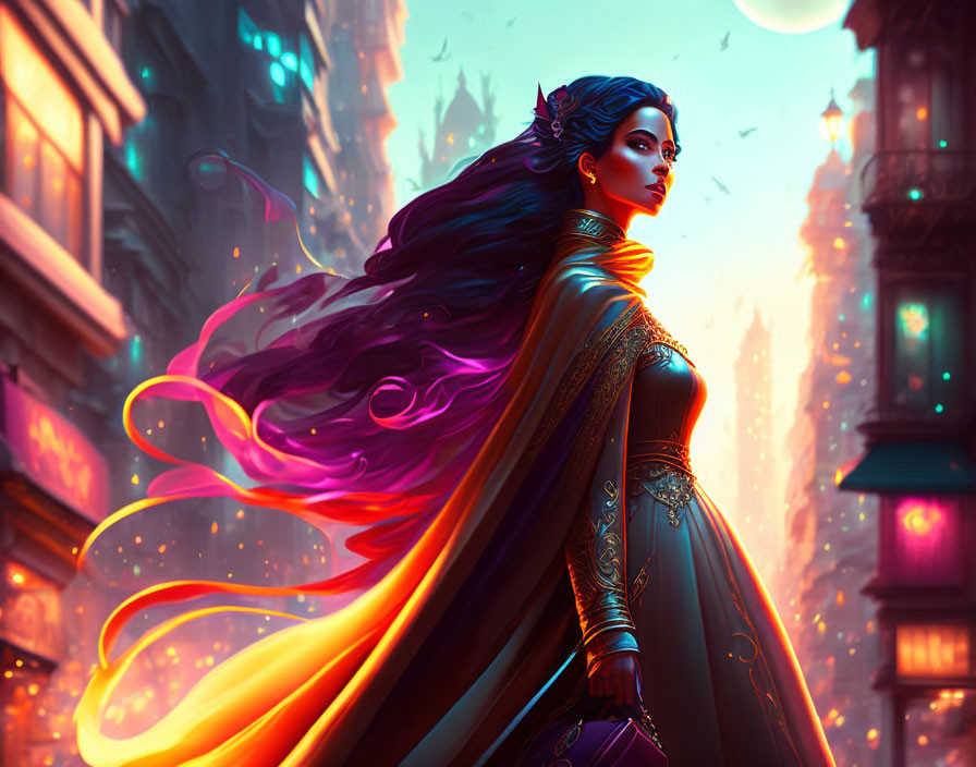 Regal woman with flowing hair in vibrant cape in fantastical city street