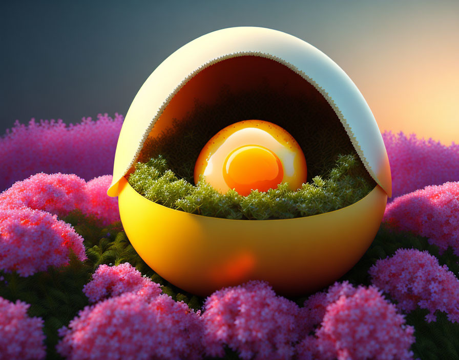 Surreal giant cracked egg with sunny-side-up inside surrounded by flowers