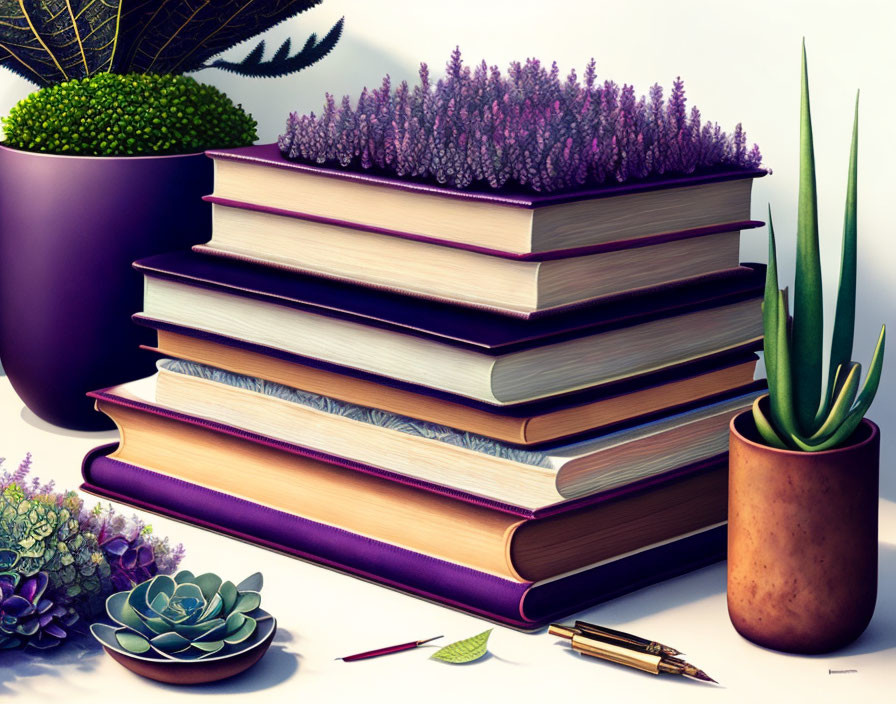 Vibrant stack of books with potted plants and pencils nearby