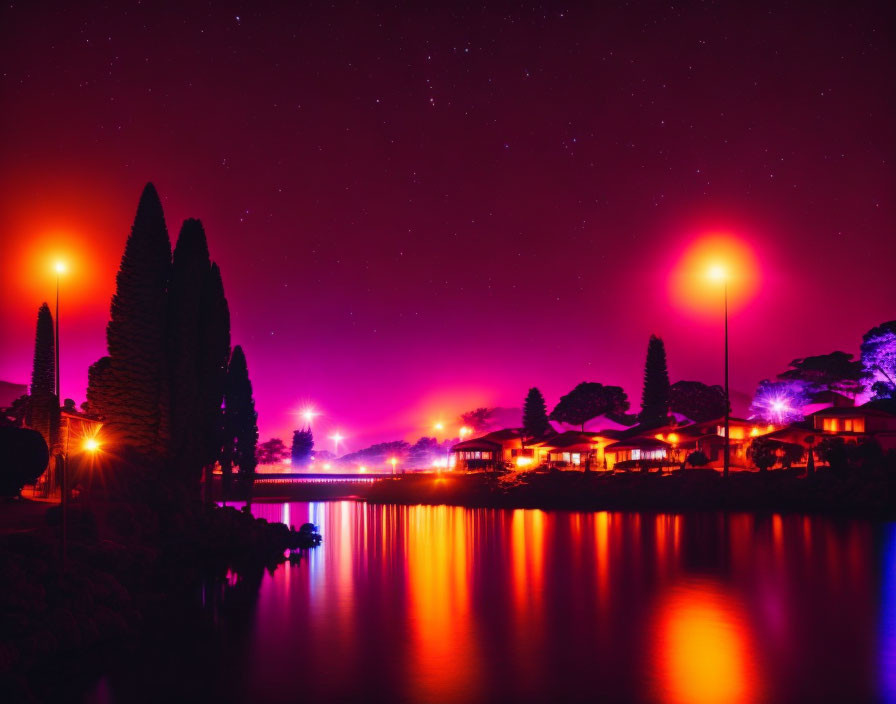 Vibrant Purple Skies Reflecting in Water Beside Silhouetted Trees