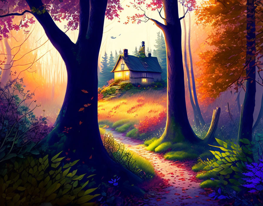 Cozy cottage in mystical forest with autumn colors and glowing light