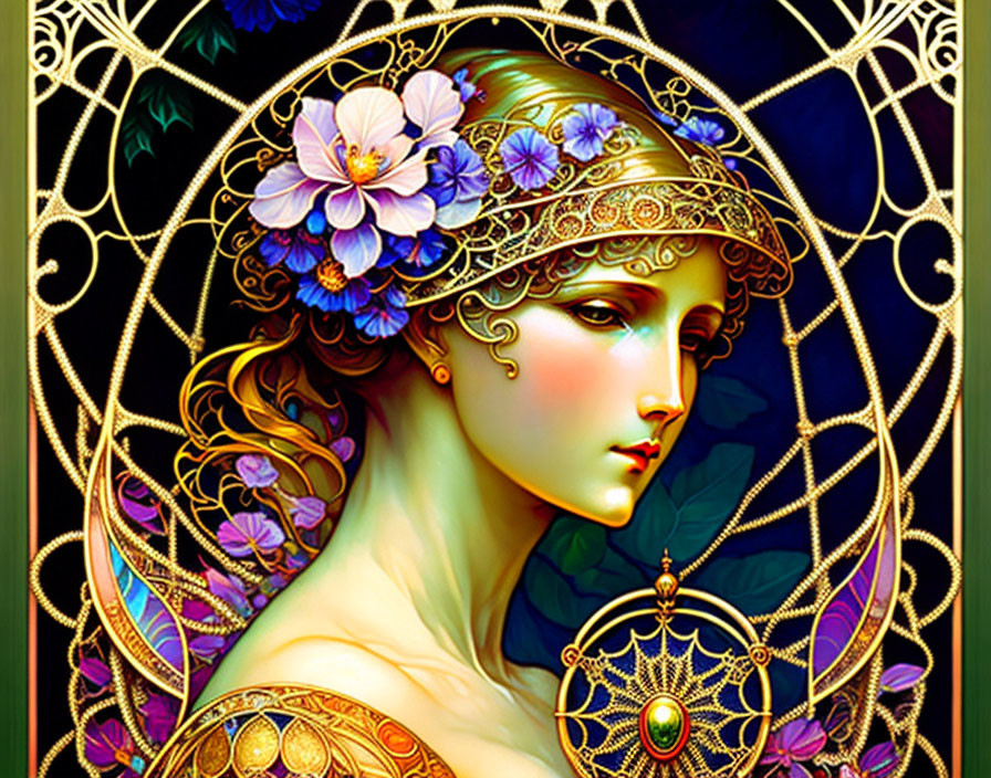 Art Nouveau Woman Illustration with Floral Headpiece