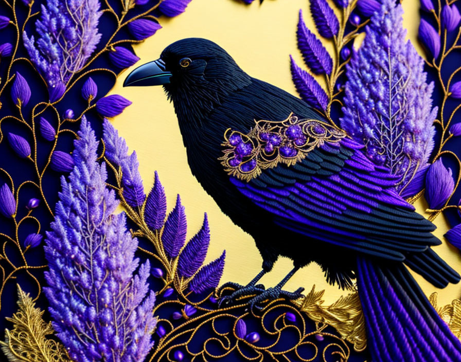 Stylized black raven on gold and purple floral background