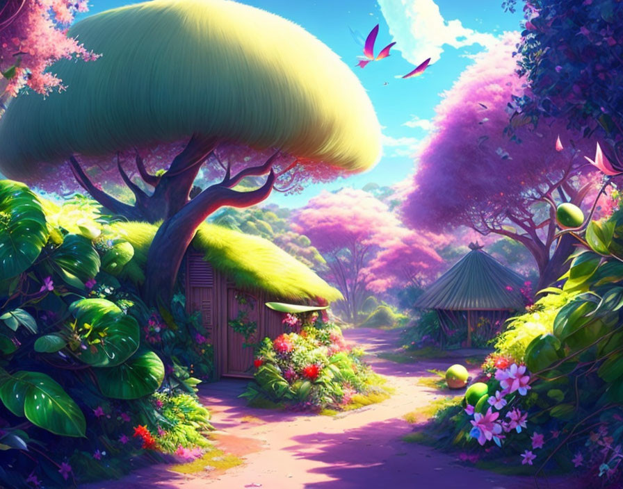 Colorful fantasy landscape with oversized mushroom-shaped trees and cozy woodland dwelling