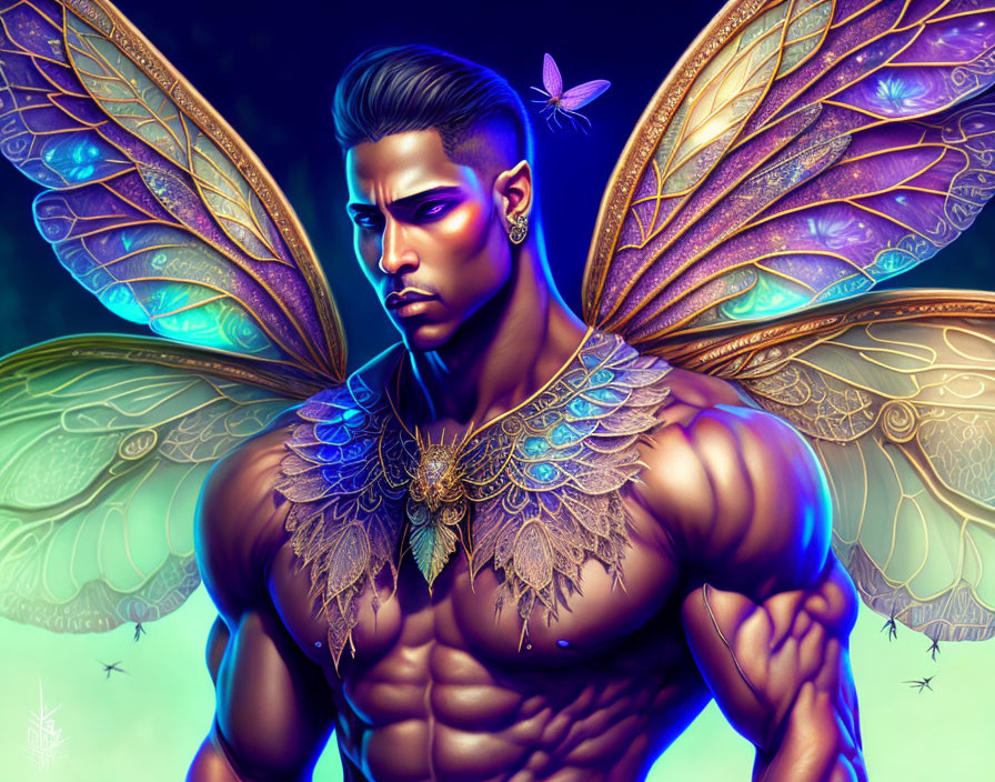 Fantasy male figure with iridescent butterfly wings and ornate feathered neckpiece in blue and