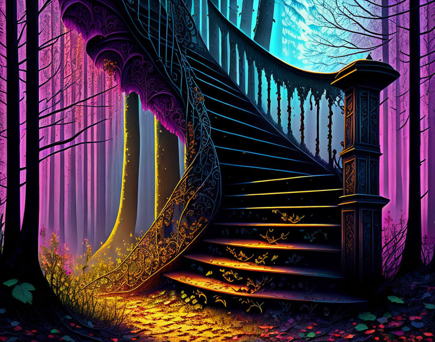 Enchanted forest staircase with glowing purple and pink hues