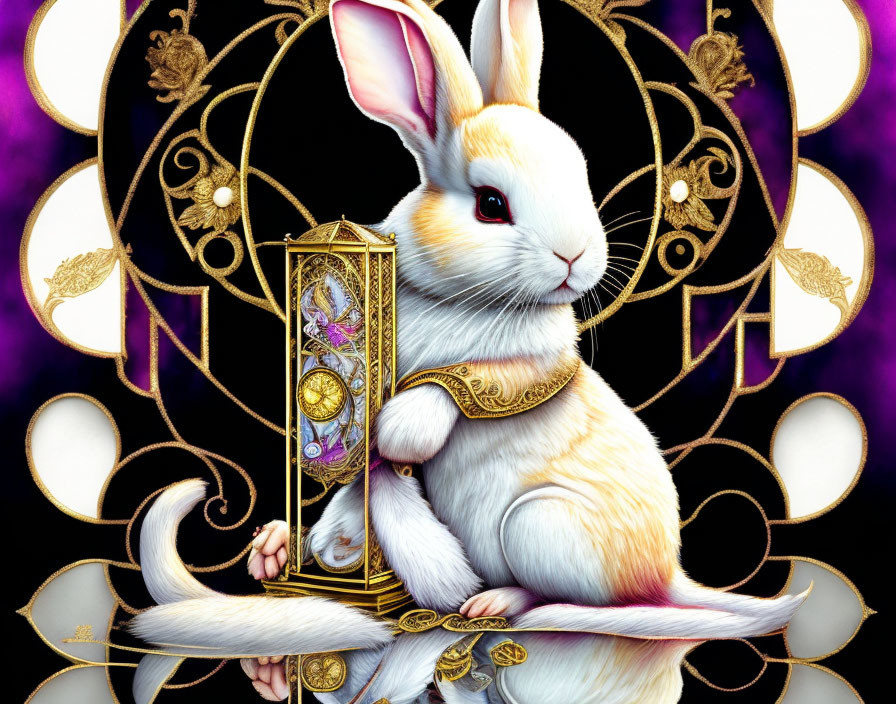 Detailed White Rabbit Illustration with Gold Key on Purple Background