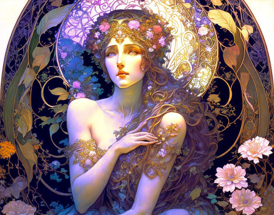 Ethereal woman with flowing hair in floral motif setting