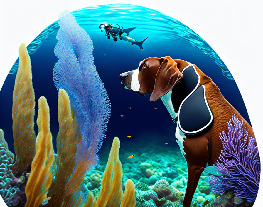 Colorful Underwater Scene with Scuba Diver, Dog in Diving Suit, and Marine Life