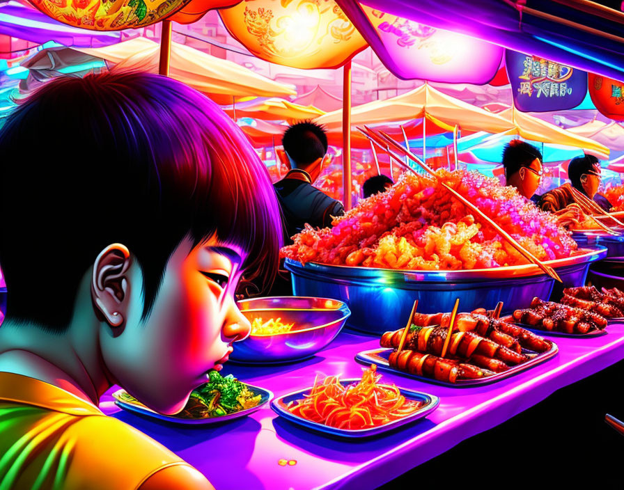 Vibrant Street Food Market Illustration with Child and Neon-Lit Dishes