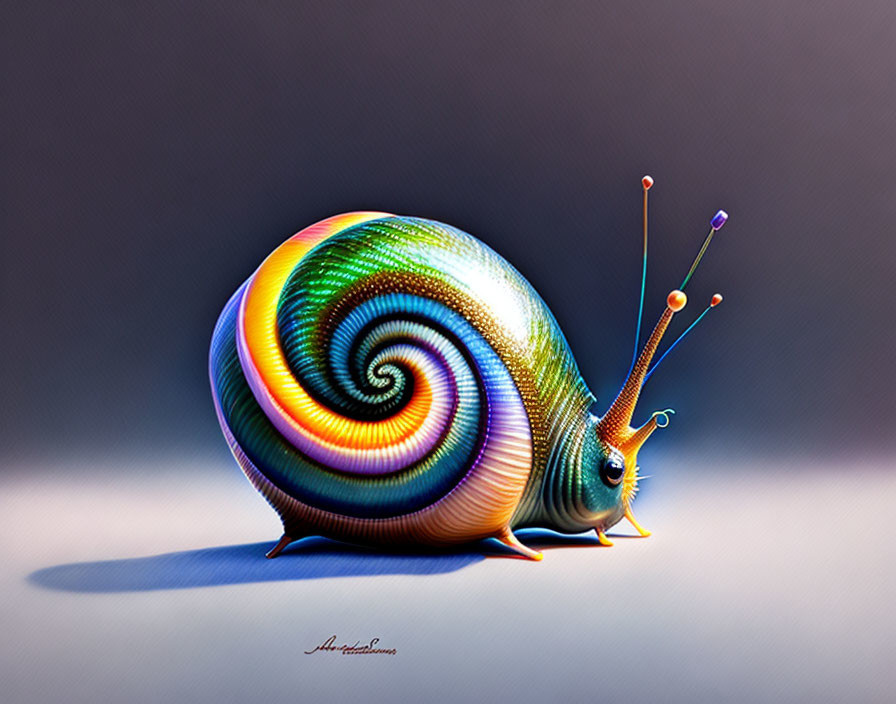 Colorful Stylized Snail with Vibrant Swirled Shell on Grey Background