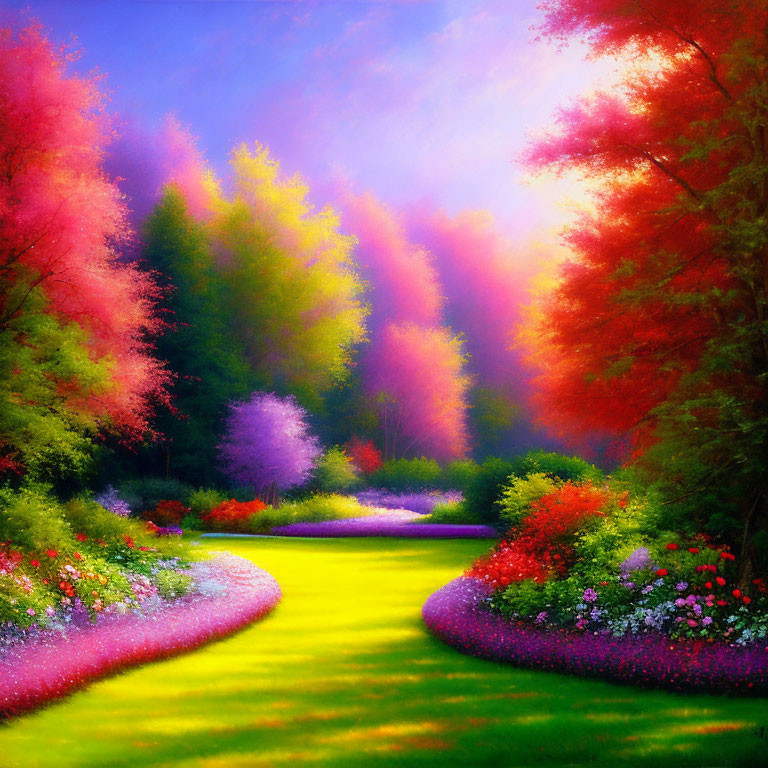 Colorful Garden with Yellow Path and Lush Trees