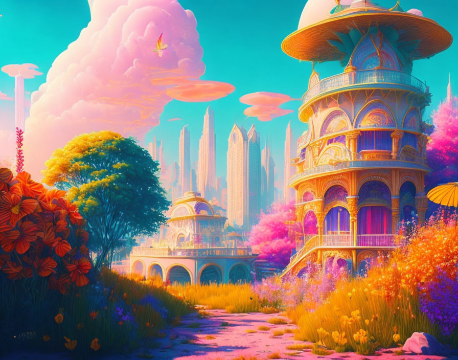 Colorful Fantasy Landscape with Whimsical Architecture & Floating Islands