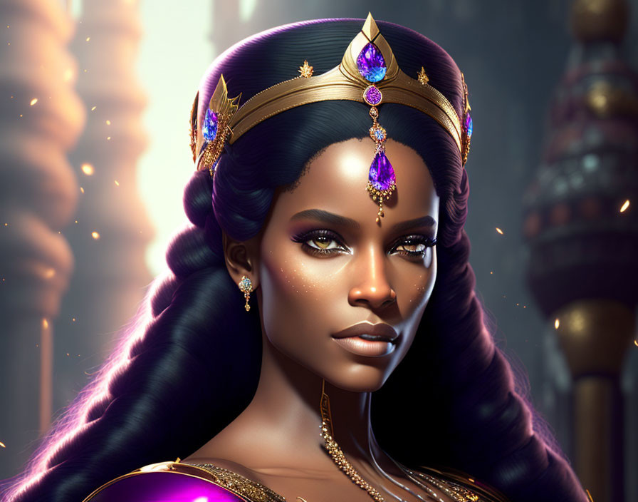 Dark-skinned woman with golden crown and purple gemstones in sparkly setting