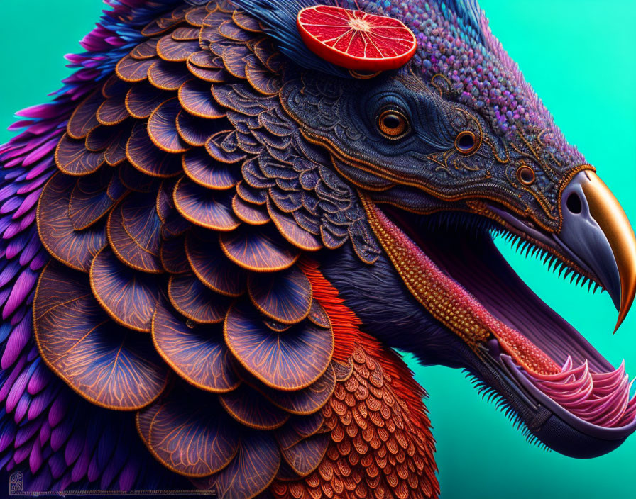 Colorful digital artwork: fantastical bird with purple and orange plumage