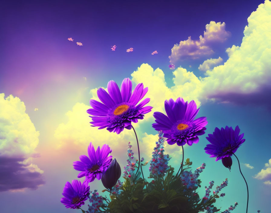 Purple flowers and vibrant sky with dreamy atmosphere.