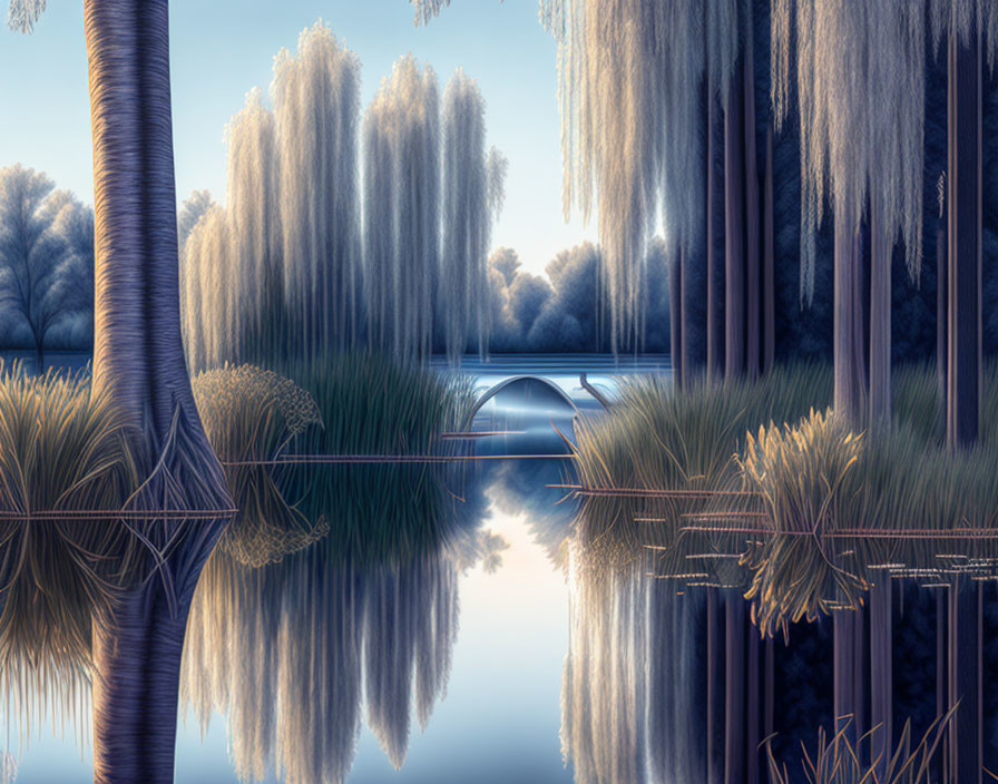 Tranquil lake scene with weeping willows, bridge, and tall grasses at dawn