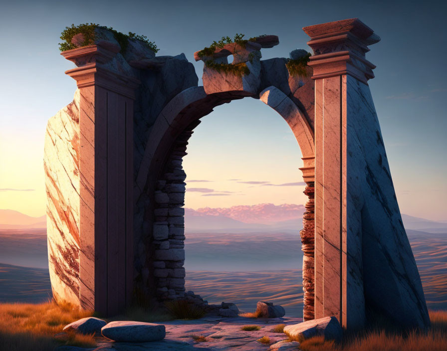 Digital depiction of a weathered stone arch in a tranquil desert landscape