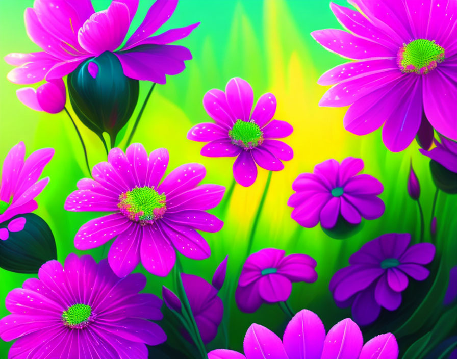 Colorful digital artwork: Pink daisy-like flowers with water droplets on green and yellow gradient.