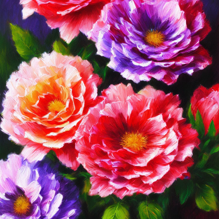 Vibrant Flower Painting with Pink, Red, & Purple Petals