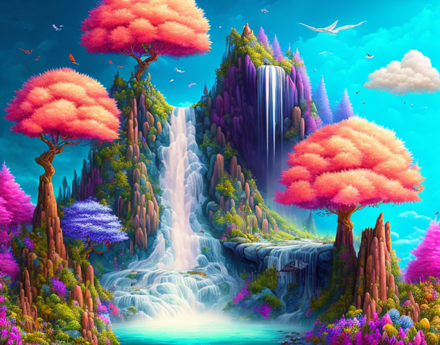 Colorful Fantasy Landscape with Waterfalls, Flora, and Sky