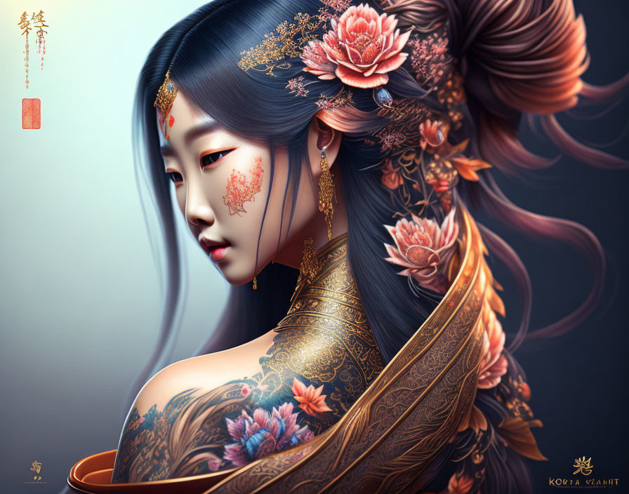 Woman with dark hair, golden attire, and floral tattoos gazing sideways