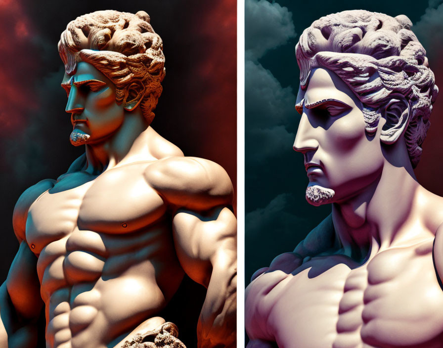 Stylized classic sculpture with muscular features in red and blue tones